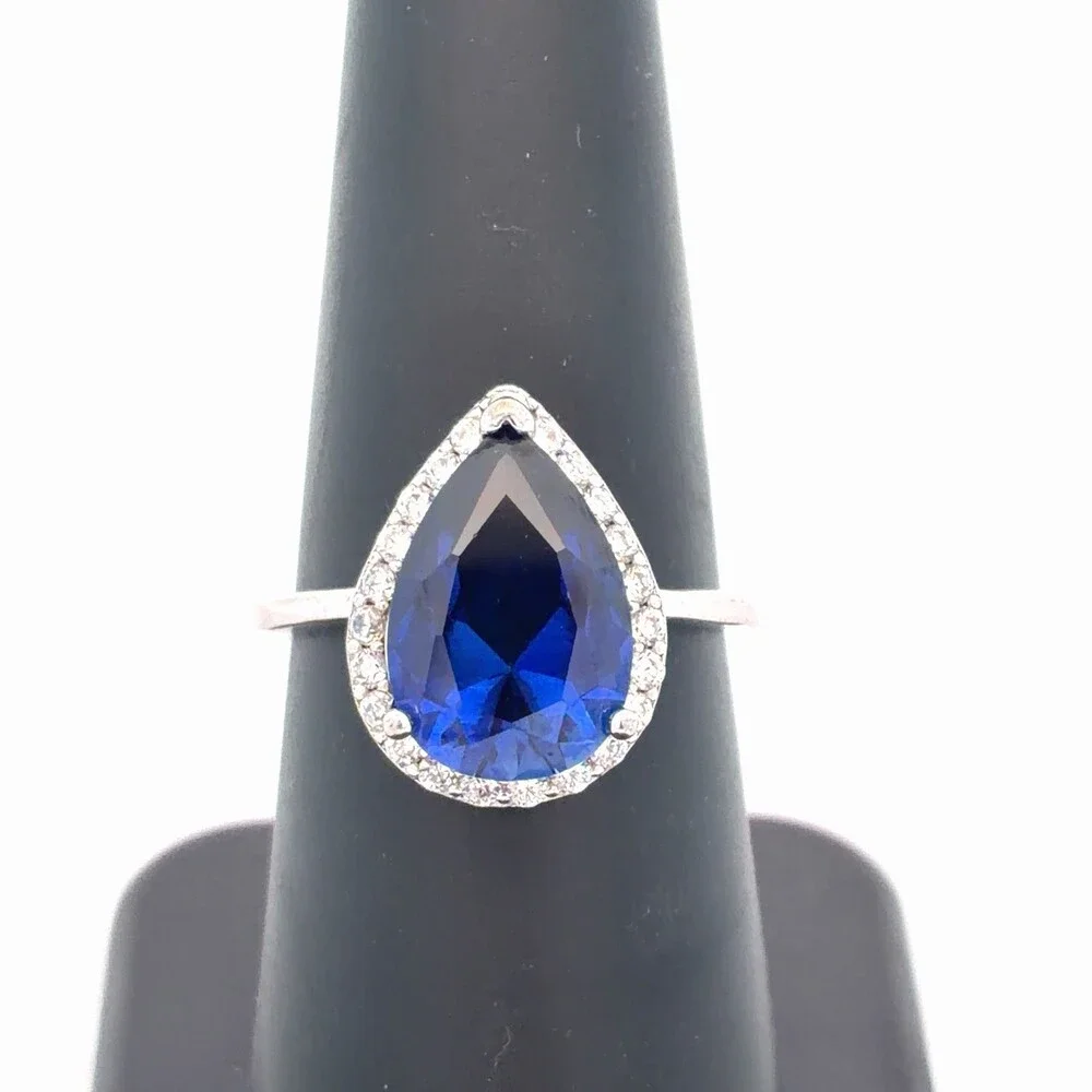 Designer PMJ 925 Sterling Silver Pear Blue Cubic Zirconia White CZ Halo Ring